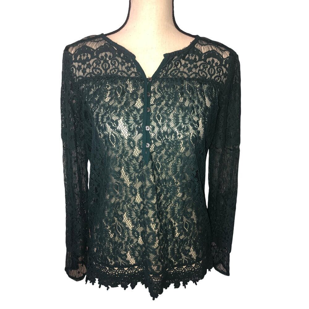 Fairycore Lace Top Size M Green Whimisgoth Boho Romantic Long Sleeve Crochet